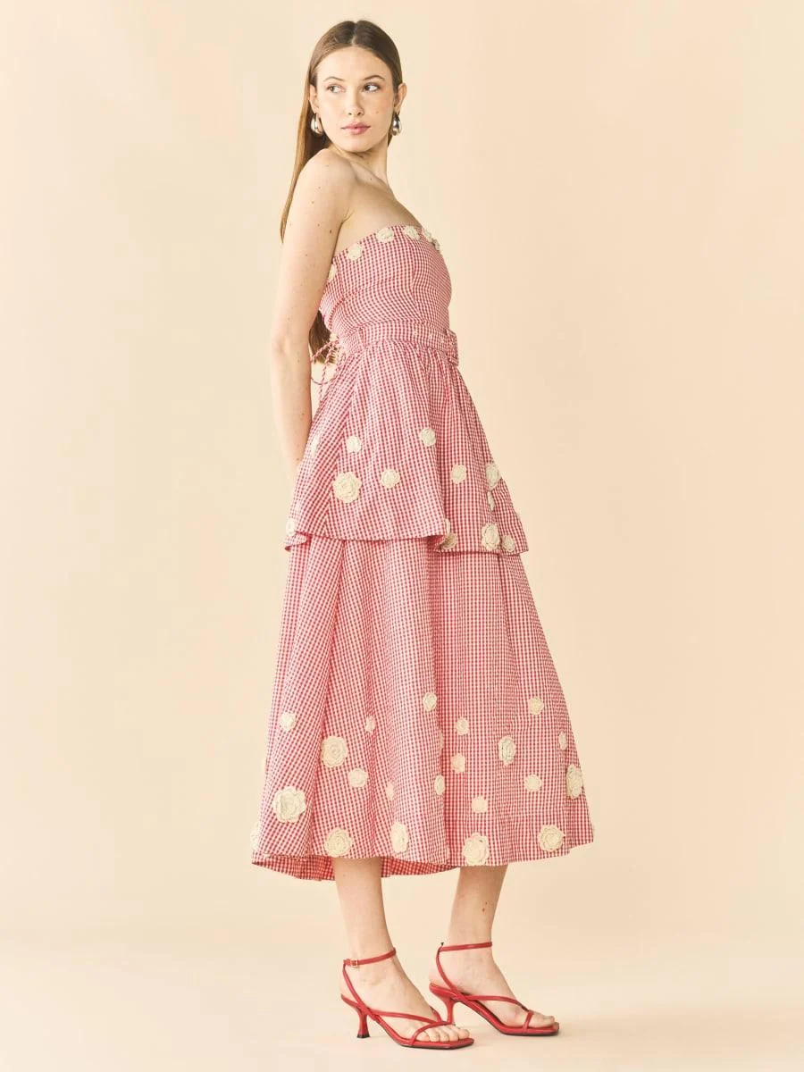 Daisy Dress X Rainey Collaboration - Red Gingham with Cream Crochet Appliqué - Image 3