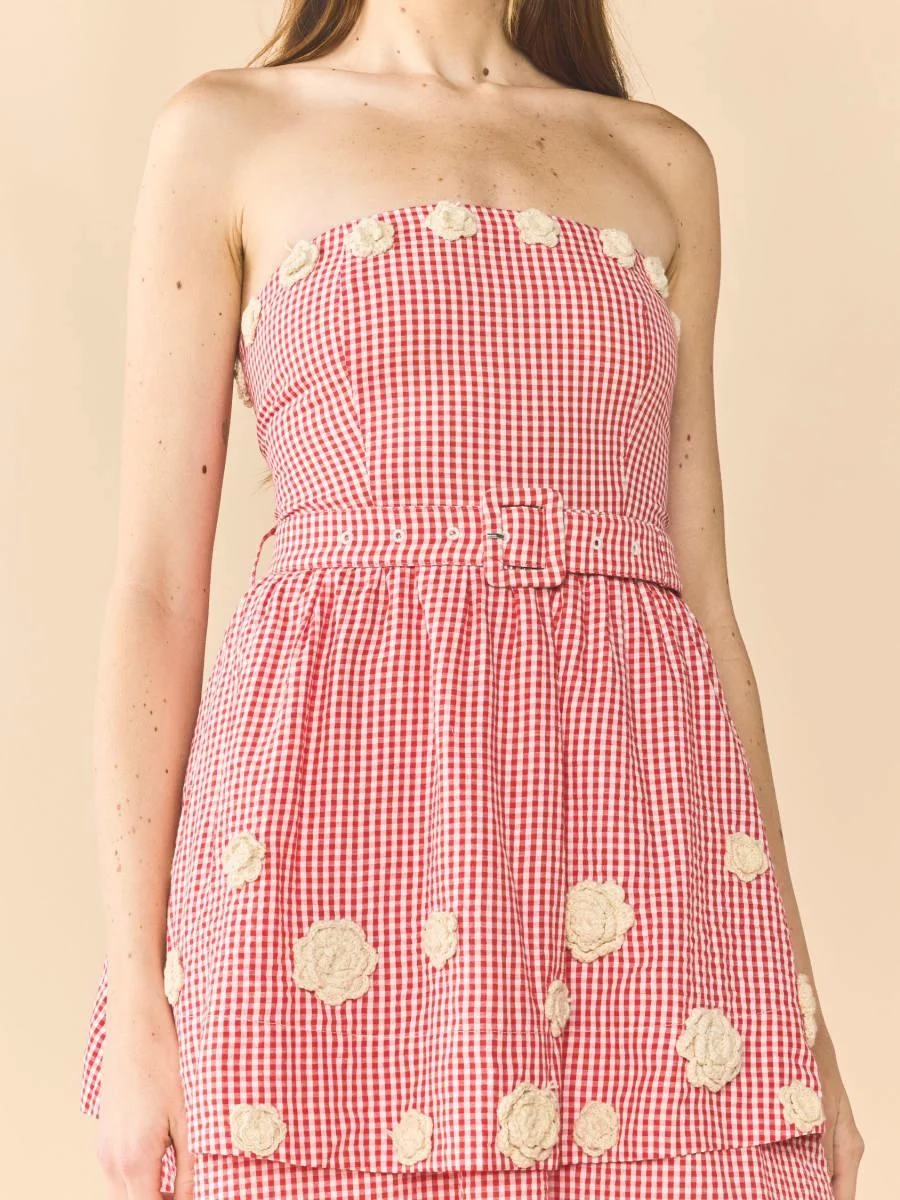 Daisy Dress X Rainey Collaboration - Red Gingham with Cream Crochet Appliqué - Image 6
