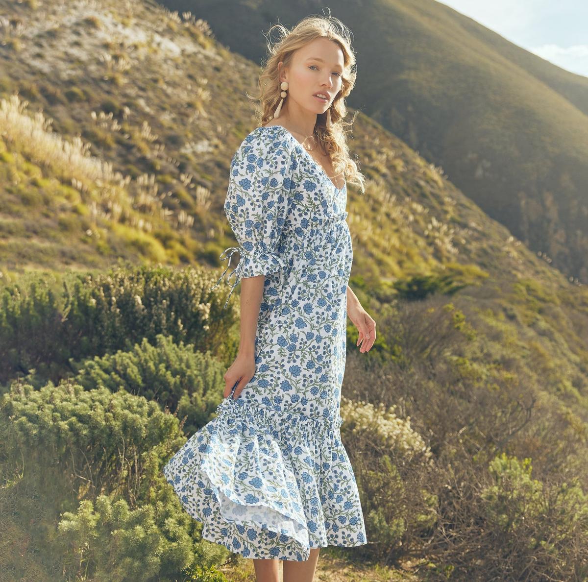 Hayley Puff Sleeve Midi Dress - Cream/Azure Floral - Image 2