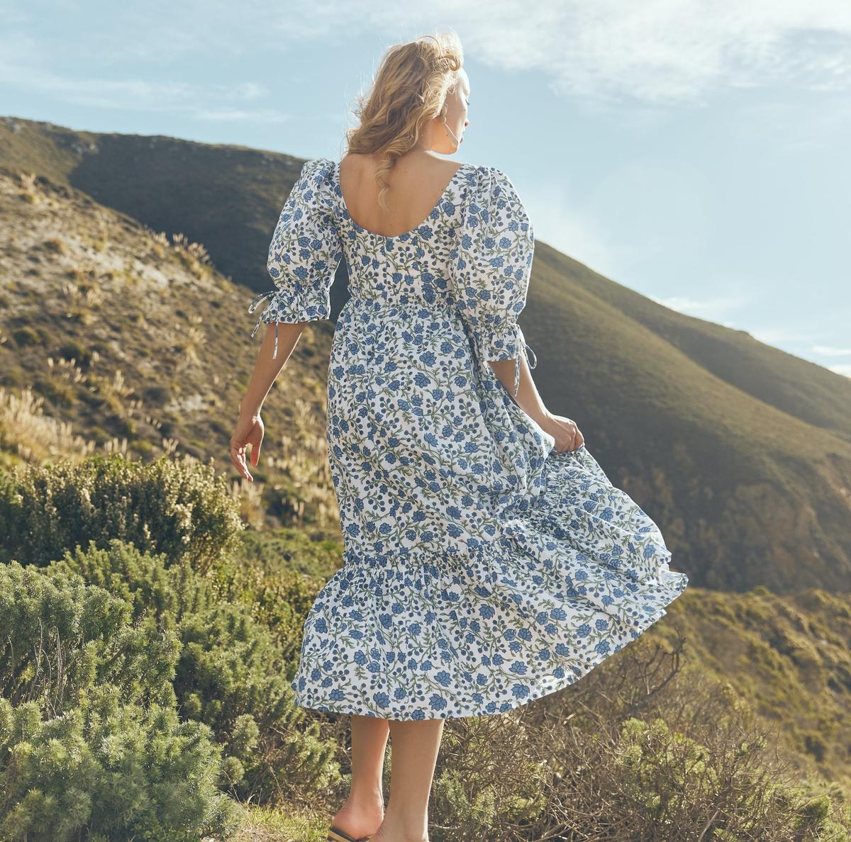 Hayley Puff Sleeve Midi Dress - Cream/Azure Floral - Image 3